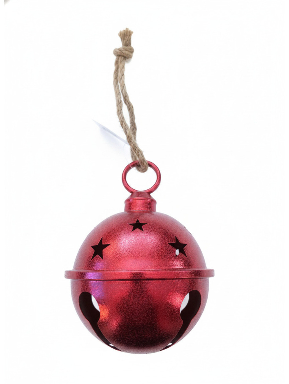 Red Metal Sleigh Bell with Star Cutouts and Hanging Rope